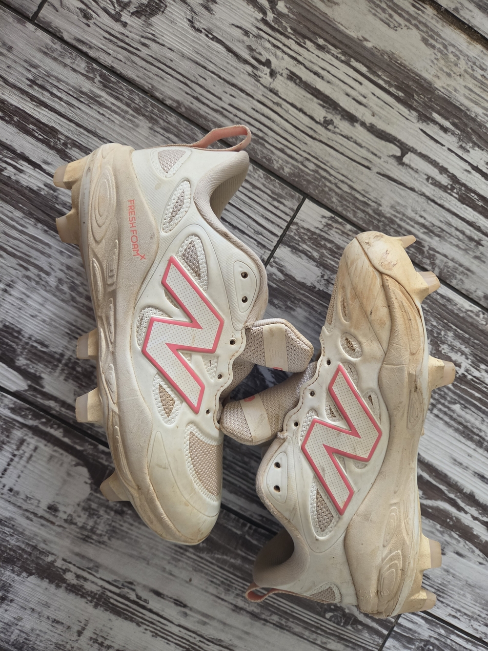 New Balance Cream Athletic Cleats with Pink N Logo